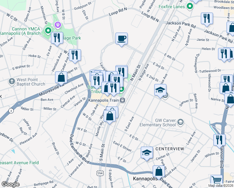 map of restaurants, bars, coffee shops, grocery stores, and more near 101 West Avenue in Kannapolis