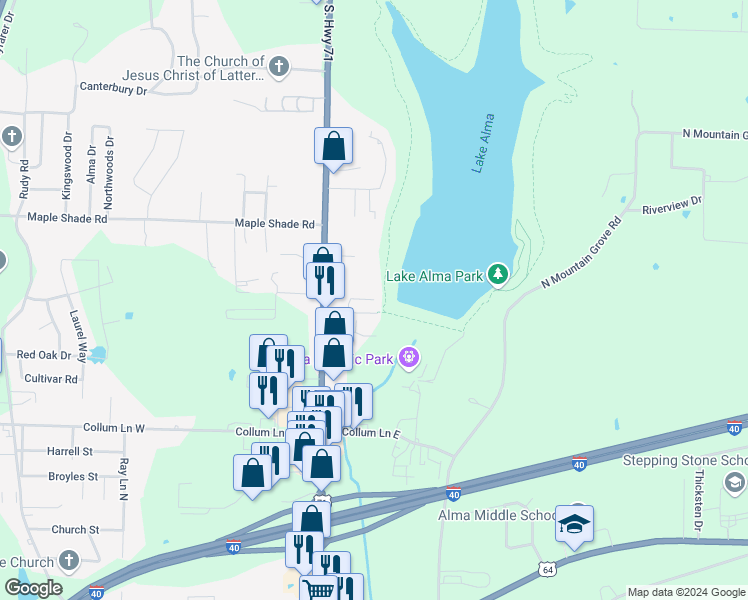 map of restaurants, bars, coffee shops, grocery stores, and more near 1098 Lakeview Drive in Alma