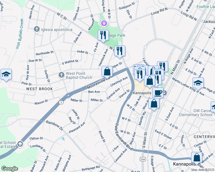 map of restaurants, bars, coffee shops, grocery stores, and more near 330 Chestnut Avenue in Kannapolis