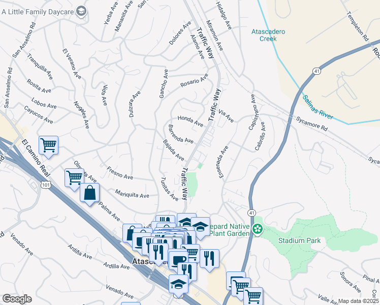 map of restaurants, bars, coffee shops, grocery stores, and more near 5398 Barrenda Avenue in Atascadero