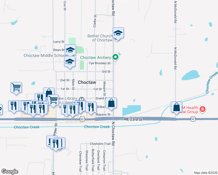 map of restaurants, bars, coffee shops, grocery stores, and more near 14963 1st Street in Choctaw