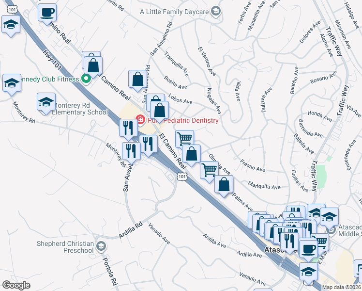 map of restaurants, bars, coffee shops, grocery stores, and more near 5695 Hermosilla Avenue in Atascadero