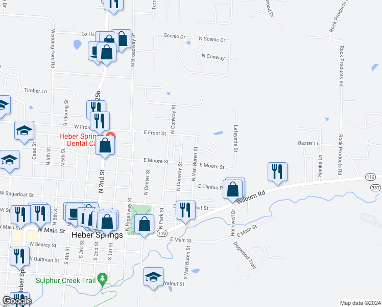 map of restaurants, bars, coffee shops, grocery stores, and more near 638 North Van Buren Street in Heber Springs