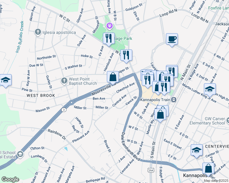 map of restaurants, bars, coffee shops, grocery stores, and more near 328 Chestnut Avenue in Kannapolis