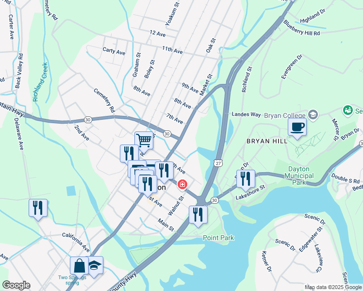 map of restaurants, bars, coffee shops, grocery stores, and more near 1724 Market St in Dayton