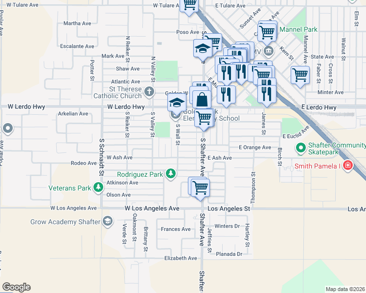 map of restaurants, bars, coffee shops, grocery stores, and more near in Shafter