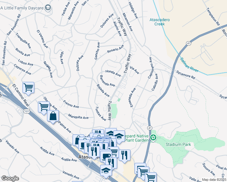 map of restaurants, bars, coffee shops, grocery stores, and more near 5398 Barrenda Avenue in Atascadero