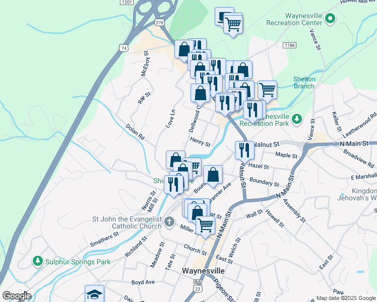 map of restaurants, bars, coffee shops, grocery stores, and more near 479 Dellwood Road in Waynesville