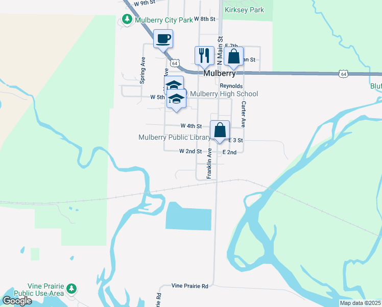 map of restaurants, bars, coffee shops, grocery stores, and more near 124 West 2nd Street in Mulberry