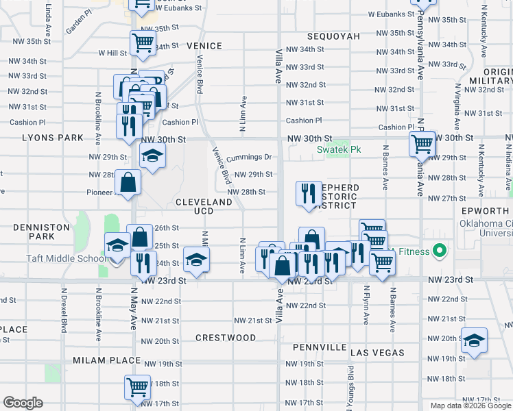 map of restaurants, bars, coffee shops, grocery stores, and more near 2540 Northwest 28th Street in Oklahoma City