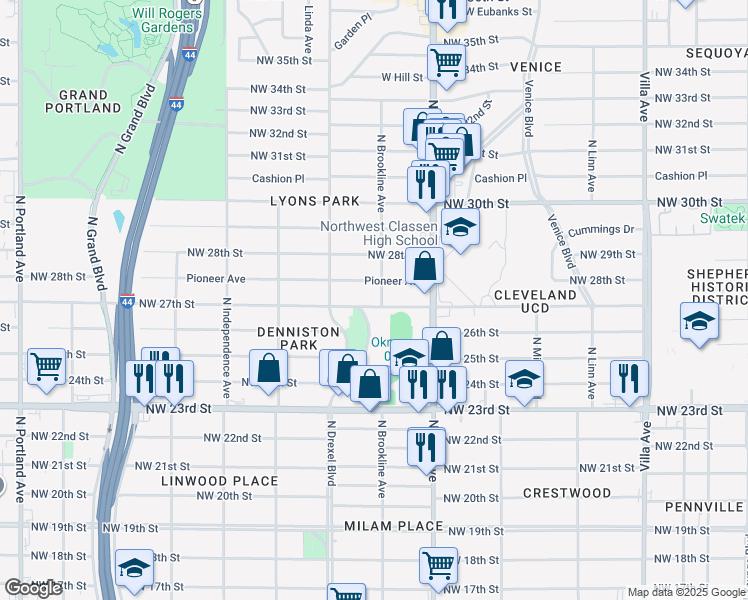 map of restaurants, bars, coffee shops, grocery stores, and more near 2940 Pioneer Avenue in Oklahoma City