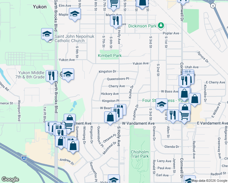 map of restaurants, bars, coffee shops, grocery stores, and more near 608 Cherry Avenue in Yukon