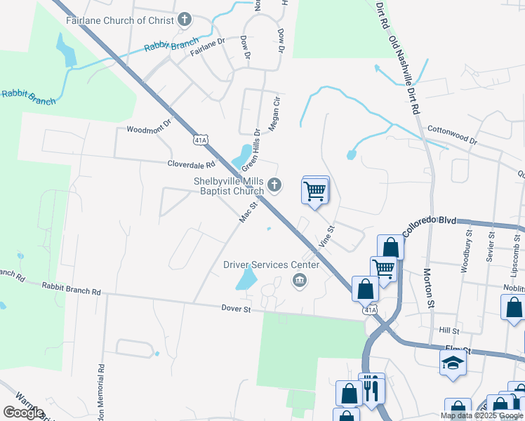 map of restaurants, bars, coffee shops, grocery stores, and more near 895 Union Street in Shelbyville