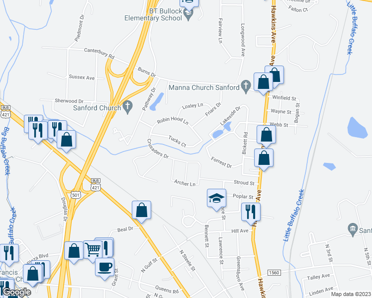 map of restaurants, bars, coffee shops, grocery stores, and more near 517 Tucks Court in Sanford