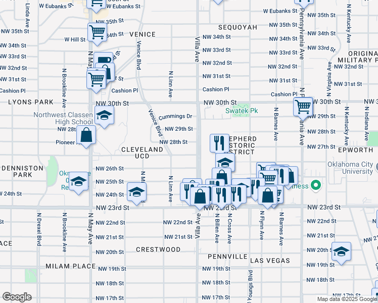 map of restaurants, bars, coffee shops, grocery stores, and more near 2504 Northwest 28th Street in Oklahoma City