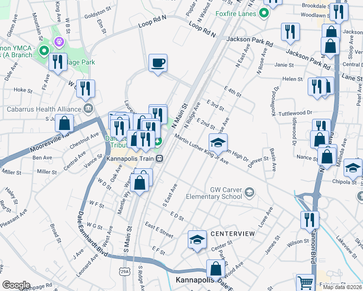 map of restaurants, bars, coffee shops, grocery stores, and more near 113 South Main Street in Kannapolis