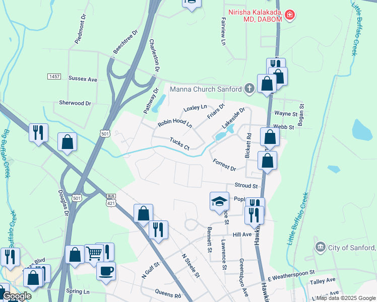 map of restaurants, bars, coffee shops, grocery stores, and more near 517 Tucks Court in Sanford