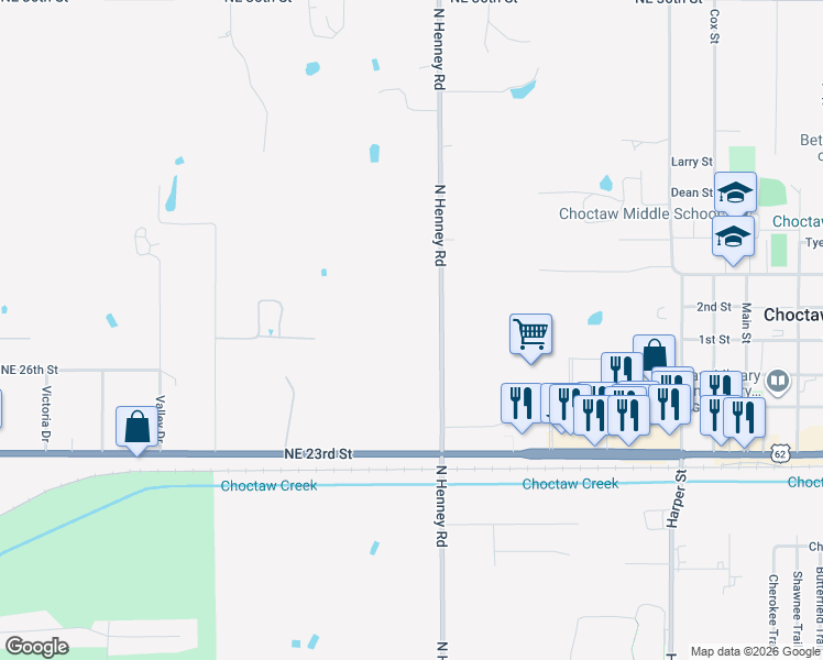 map of restaurants, bars, coffee shops, grocery stores, and more near 2813 Henney Road in Choctaw