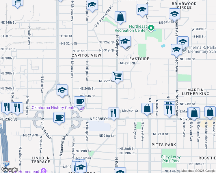 map of restaurants, bars, coffee shops, grocery stores, and more near 920 Northeast 27th Street in Oklahoma City