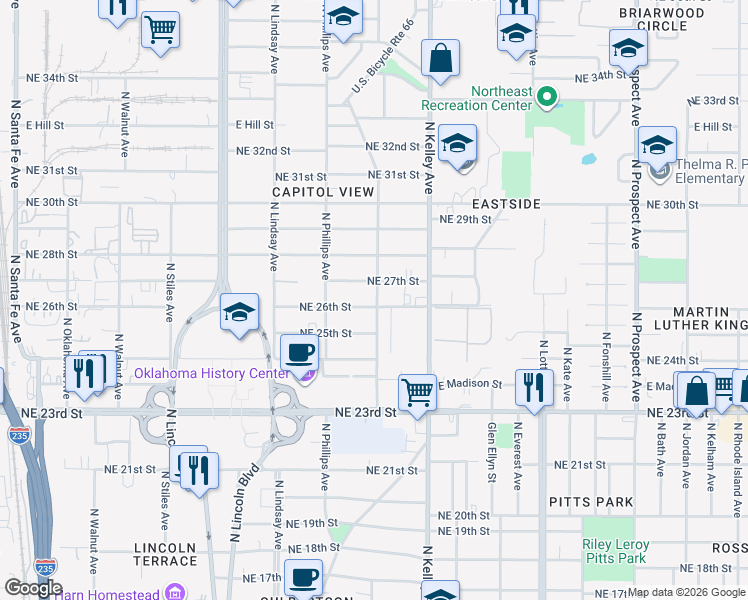 map of restaurants, bars, coffee shops, grocery stores, and more near 840 Northeast 27th Street in Oklahoma City