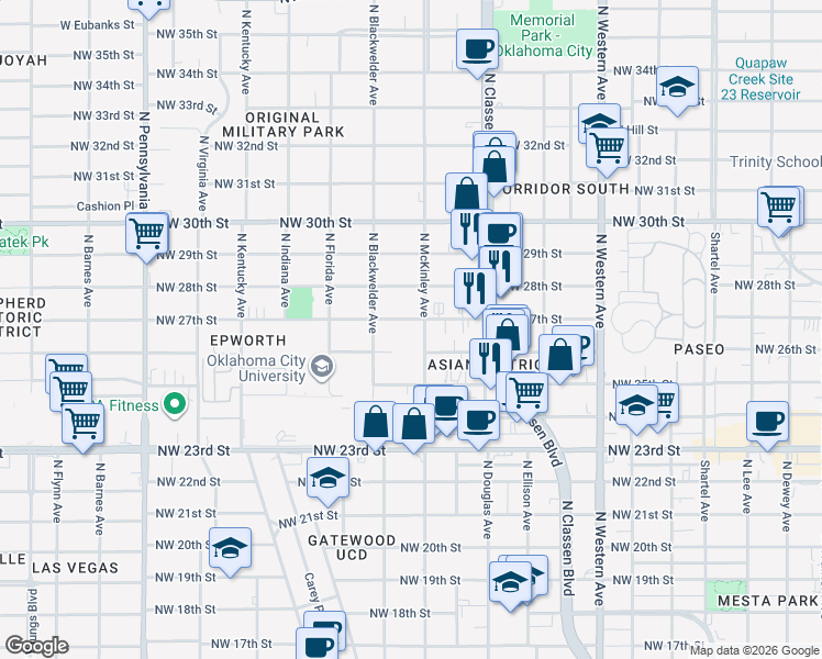 map of restaurants, bars, coffee shops, grocery stores, and more near 1513 Northwest 27th Street in Oklahoma City