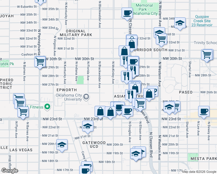 map of restaurants, bars, coffee shops, grocery stores, and more near 1513 Northwest 27th Street in Oklahoma City