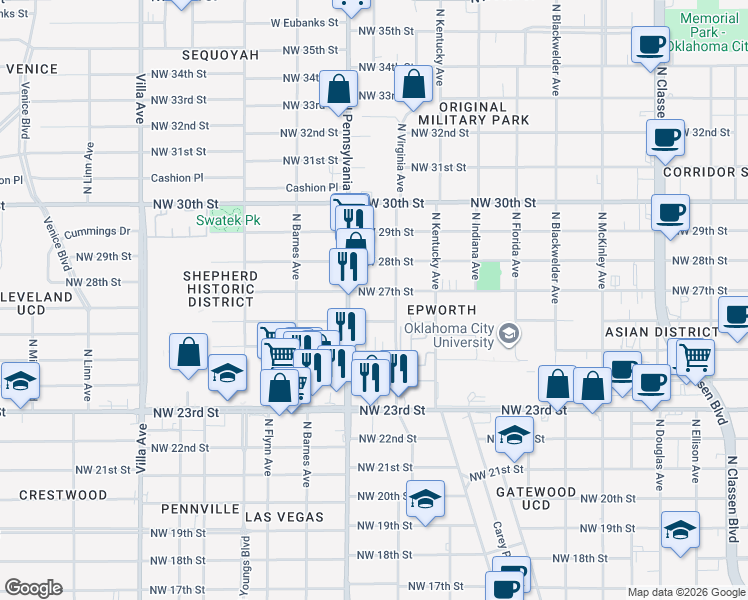 map of restaurants, bars, coffee shops, grocery stores, and more near 2015 Northwest 27th Street in Oklahoma City