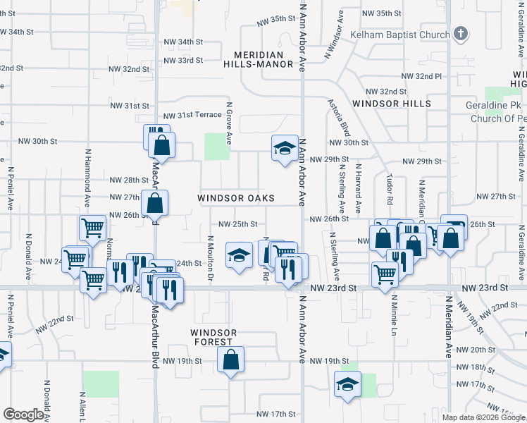 map of restaurants, bars, coffee shops, grocery stores, and more near 4941 Northwest 26th Street in Oklahoma City