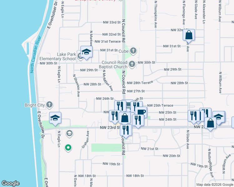map of restaurants, bars, coffee shops, grocery stores, and more near 8001 Northwest 27th Street in Bethany