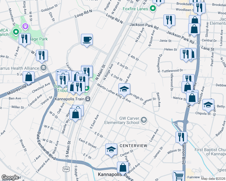 map of restaurants, bars, coffee shops, grocery stores, and more near 103 North East Avenue in Kannapolis