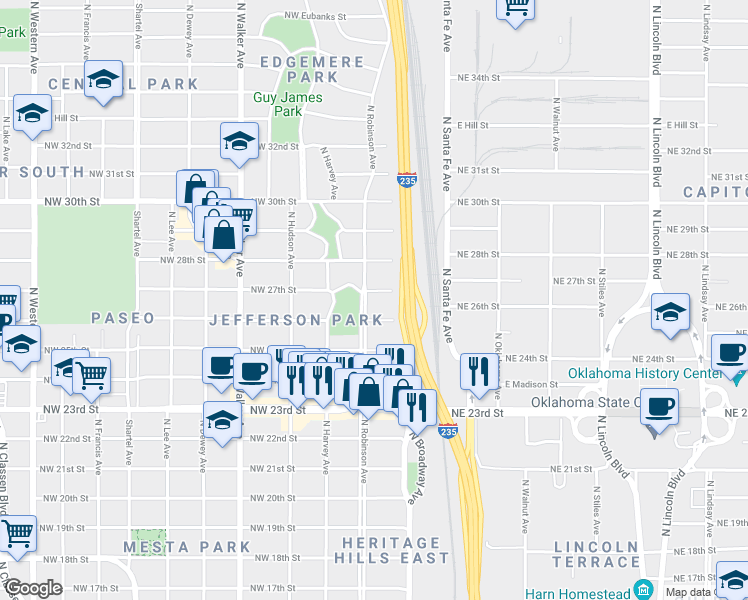 map of restaurants, bars, coffee shops, grocery stores, and more near 125 Northwest 27th Street in Oklahoma City