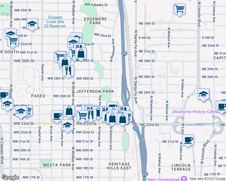 map of restaurants, bars, coffee shops, grocery stores, and more near 125 Northwest 27th Street in Oklahoma City