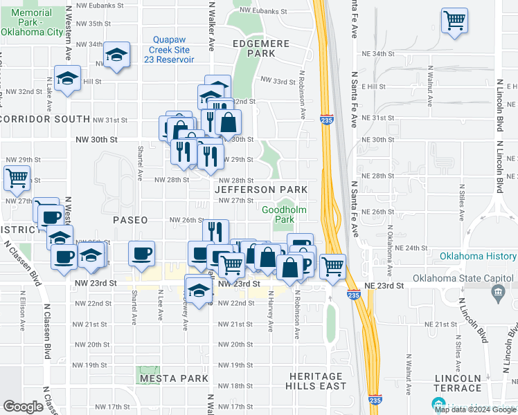 map of restaurants, bars, coffee shops, grocery stores, and more near 311 Northwest 27th Street in Oklahoma City