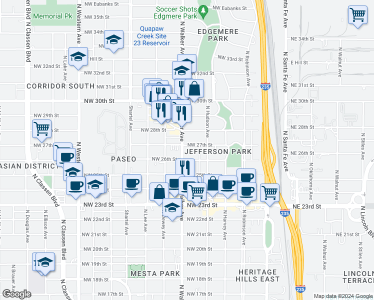 map of restaurants, bars, coffee shops, grocery stores, and more near 2801 North Walker Avenue in Oklahoma City