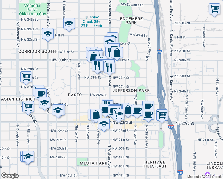 map of restaurants, bars, coffee shops, grocery stores, and more near 2801 North Walker Avenue in Oklahoma City