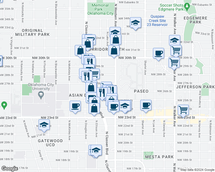 map of restaurants, bars, coffee shops, grocery stores, and more near 1133 Northwest 27th Street in Oklahoma City