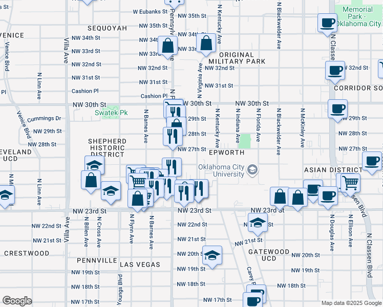 map of restaurants, bars, coffee shops, grocery stores, and more near 2019 Northwest 27th Street in Oklahoma City