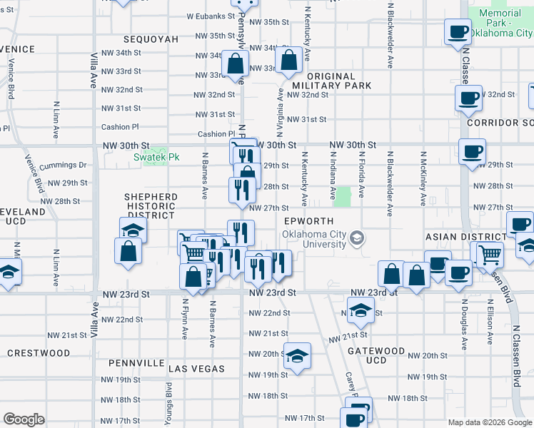 map of restaurants, bars, coffee shops, grocery stores, and more near 2019 Northwest 27th Street in Oklahoma City