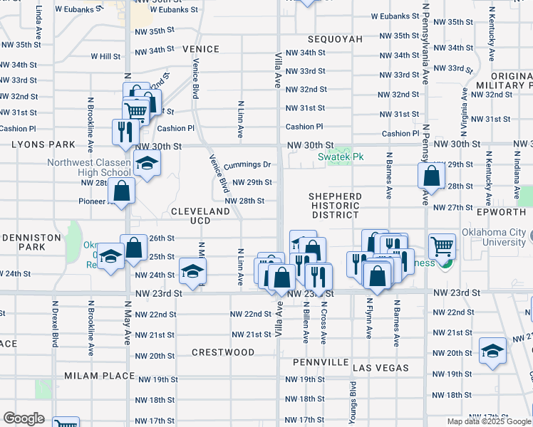 map of restaurants, bars, coffee shops, grocery stores, and more near 2504 Northwest 28th Street in Oklahoma City