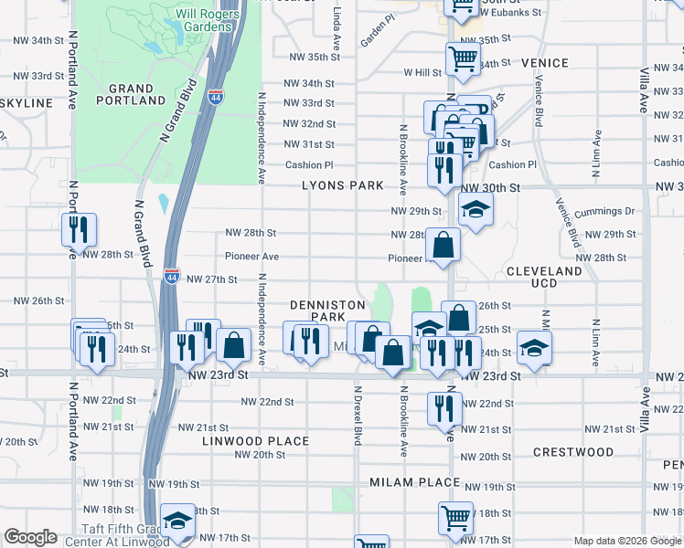 map of restaurants, bars, coffee shops, grocery stores, and more near 3104 Pioneer Avenue in Oklahoma City