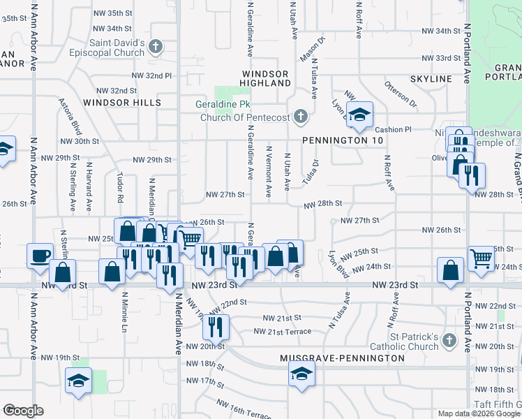 map of restaurants, bars, coffee shops, grocery stores, and more near 4227 Northwest 28th Street in Oklahoma City