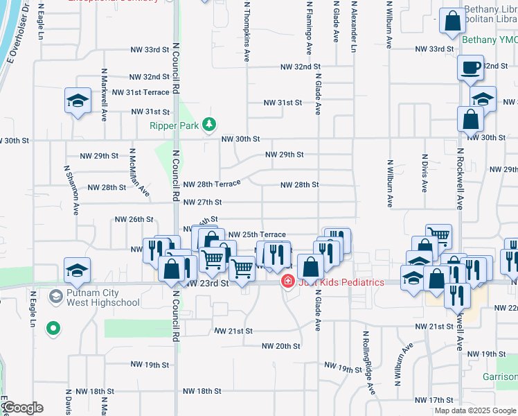 map of restaurants, bars, coffee shops, grocery stores, and more near 7625 Northwest 27th Street in Bethany