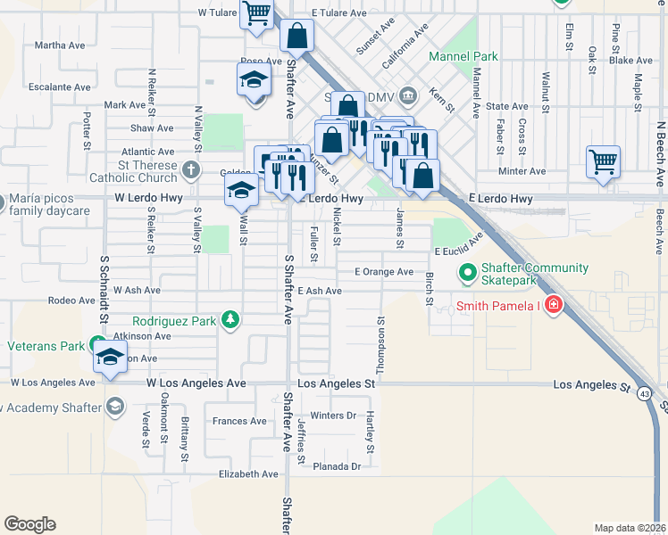 map of restaurants, bars, coffee shops, grocery stores, and more near 209 East Euclid Avenue in Shafter