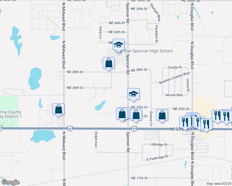 map of restaurants, bars, coffee shops, grocery stores, and more near 8407 Northeast 26th Street in Spencer
