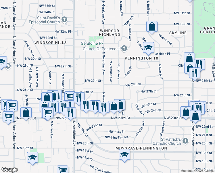 map of restaurants, bars, coffee shops, grocery stores, and more near 4227 Northwest 28th Street in Oklahoma City