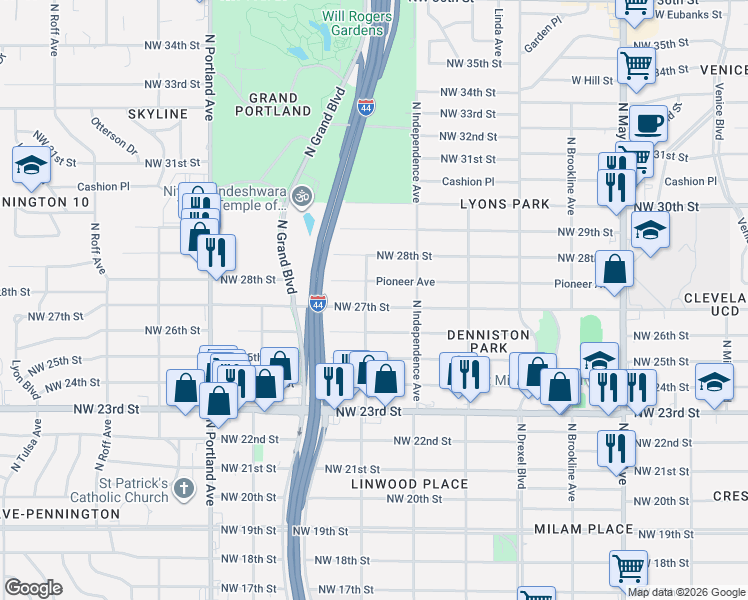 map of restaurants, bars, coffee shops, grocery stores, and more near 3344 Pioneer Avenue in Oklahoma City
