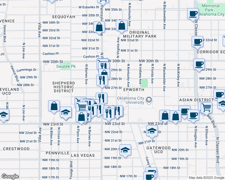 map of restaurants, bars, coffee shops, grocery stores, and more near 2019 Northwest 27th Street in Oklahoma City