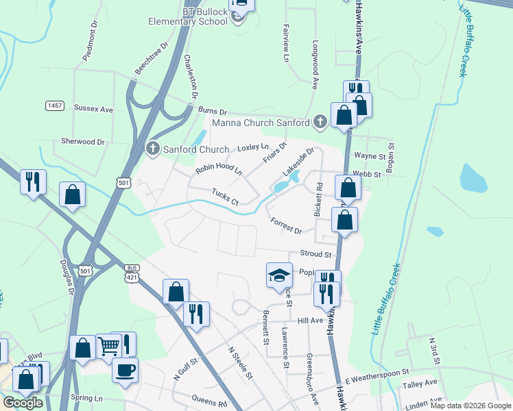 map of restaurants, bars, coffee shops, grocery stores, and more near 501 Tucks Court in Sanford