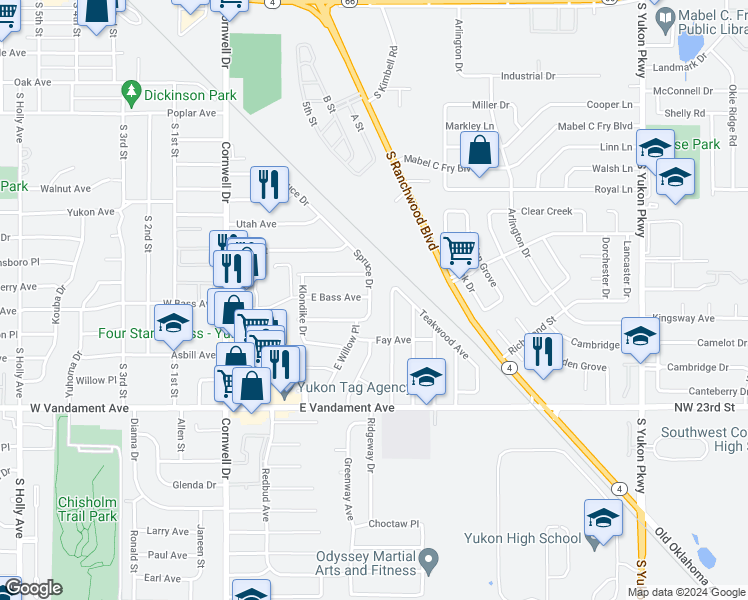 map of restaurants, bars, coffee shops, grocery stores, and more near 801 Spruce Drive in Yukon