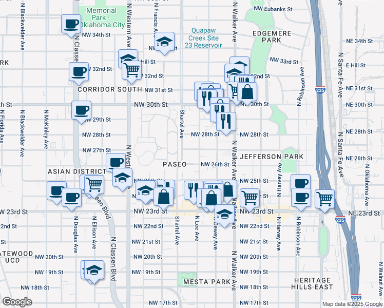 map of restaurants, bars, coffee shops, grocery stores, and more near 627 Northwest 27th Street in Oklahoma City